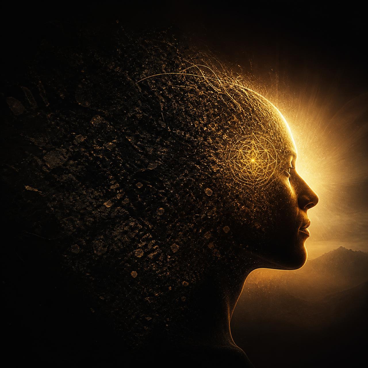 Silhueta de perfil dividida entre caos mental e luz dourada